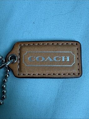 Coach Tan Leather Tag Keychain with Silver Logo
